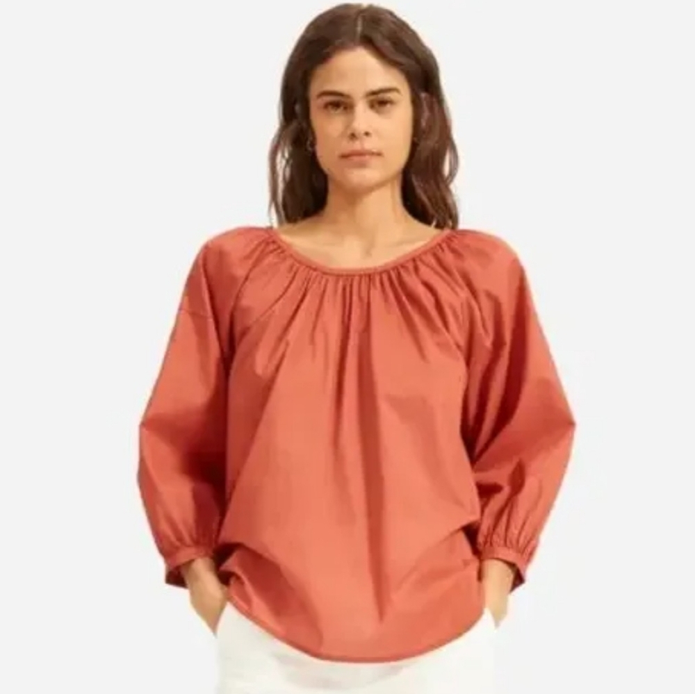 Everlane Ruched Air Blouse Burnt Sienna Red Cotton